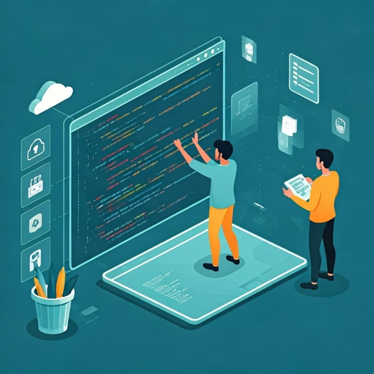 Standing at a laptop of code